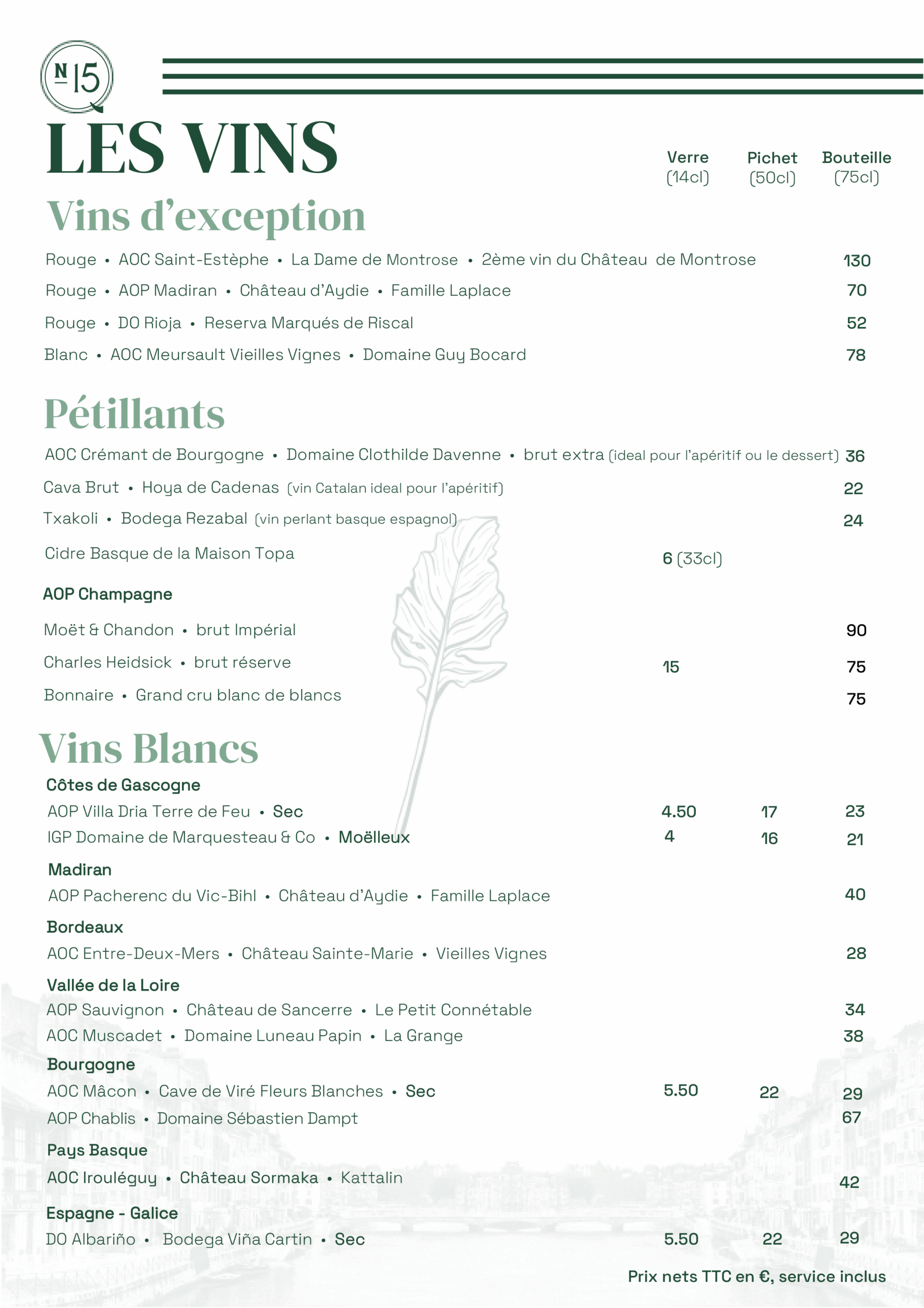 Carte des vins Quai N15