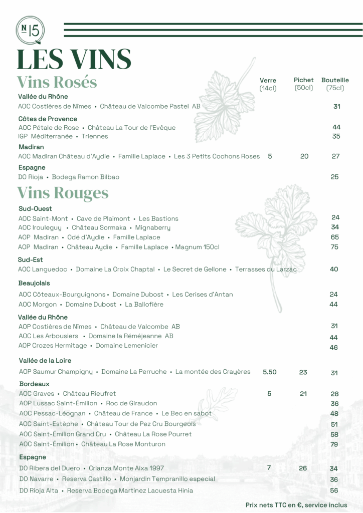 Carte des vins Quai N15