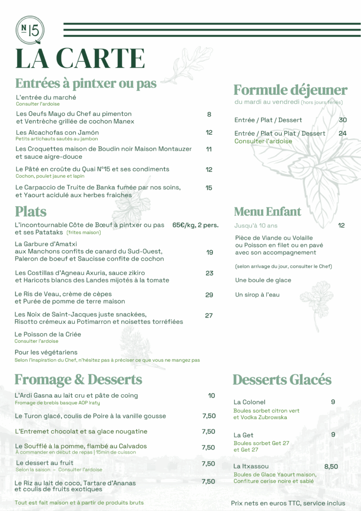 Carte des plats proposés