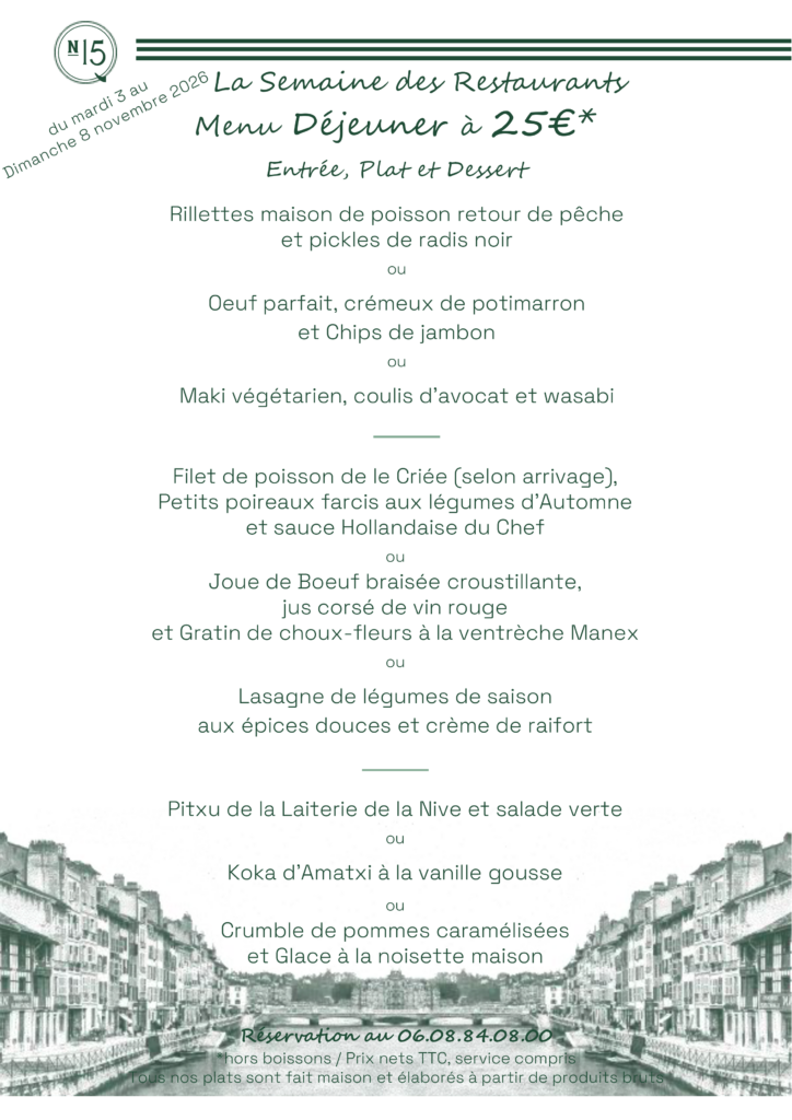 Formule déjeuner semaine des restaurants du mardi 3 au dimanche 8 novembre